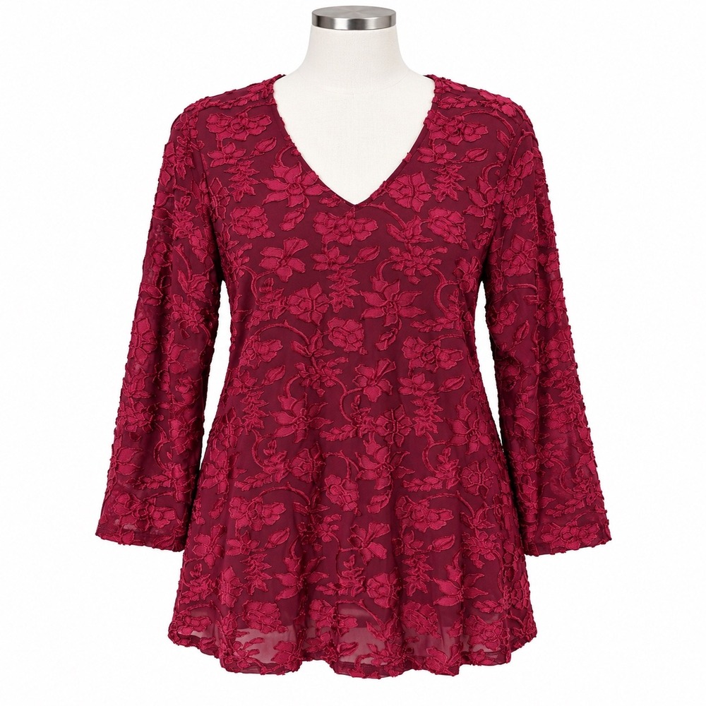 NEW Catherines Red Burgundy Velvet Floral Tunic Top Women's 2X Holiday Party